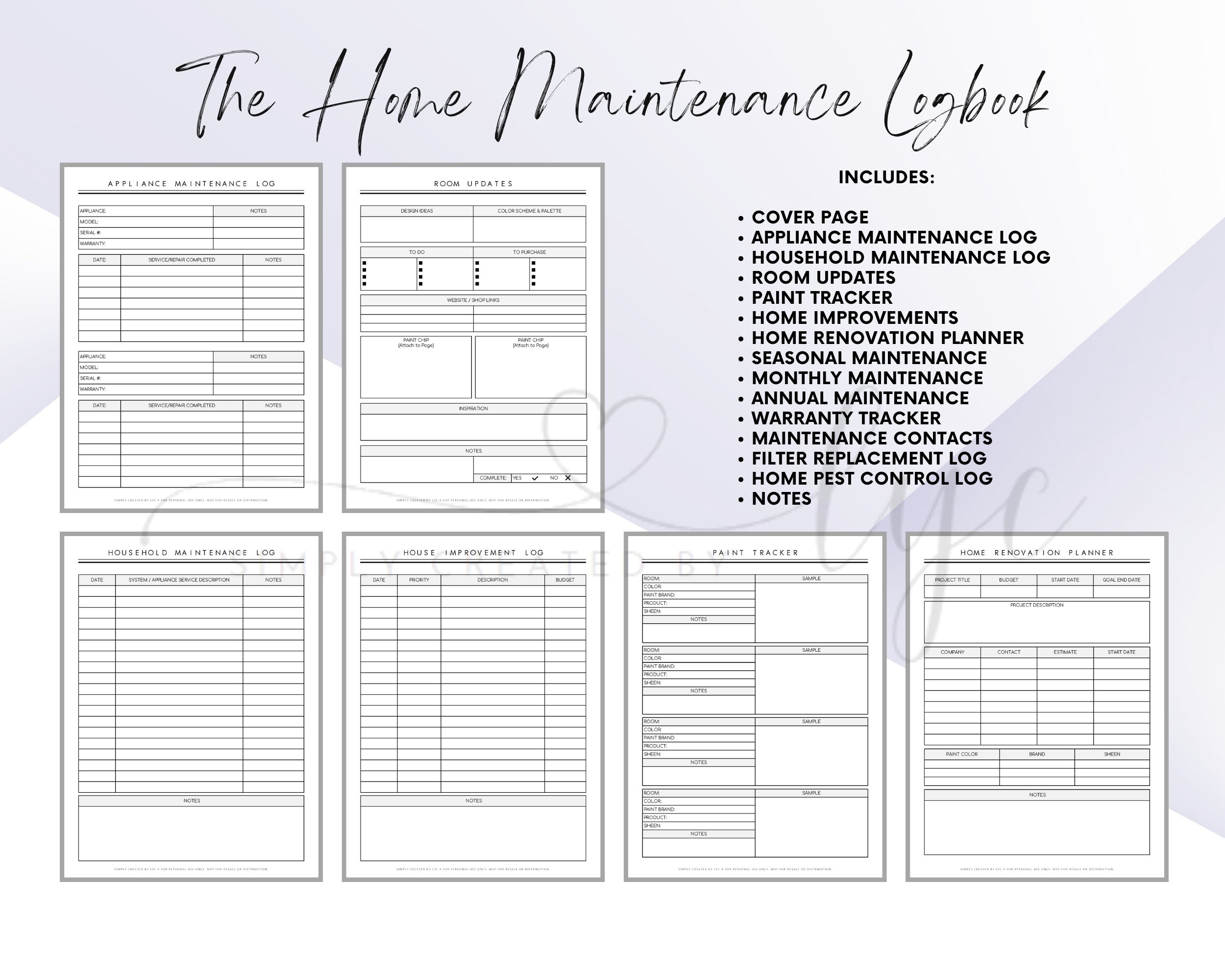 Home Maintenance Logbook, Household Organizer, Maintenance Tracker ...