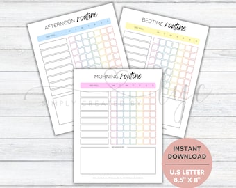 May include: Printable daily routine planner with three sections: morning, afternoon, and bedtime. Each section has a checklist with a rainbow colour scheme and a space for reminders. The printable is 8.5 inches by 11 inches.