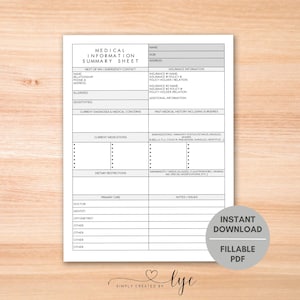 May include: A white medical information summary sheet with fillable fields for personal and medical details. Includes sections for allergies, medications, and insurance information. Features the text "Instant Download" and "Fillable PDF".