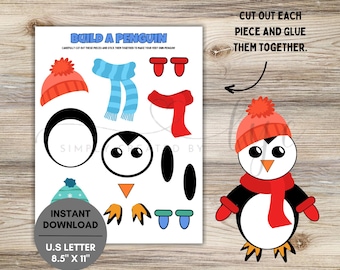 May include: Printable penguin craft activity for kids. Cut out the pieces and glue them together to make a penguin wearing a red hat, scarf, and mittens. The printable is 8.5 inches by 11 inches.