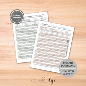May include: Two temperature blanket color chart printables. One chart is in shades of green, and the other is in shades of peach. The charts are labeled "Temperature Blanket Color Chart" and are U.S. Letter size, 8.5" x 11". The image also includes the text "2 Color Versions" and "Instant Download".