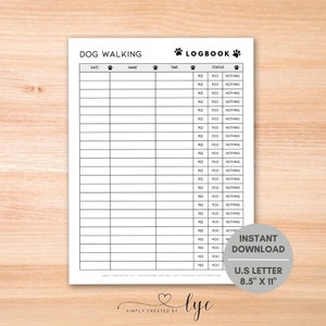 Può includere: Un registro di passeggiate per cani stampabile con colonne per data, nome, ora, pipì, cacca e stato. Il registro è progettato per tenere traccia delle passeggiate dei cani e include icone di impronte di zampe.