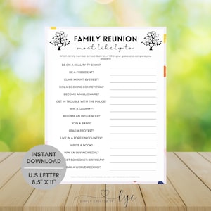 May include: A printable game for family reunions called "Family Reunion Most Likely To". The game features a list of questions about who is most likely to do something, such as "Be on a reality TV show?" or "Win a Grammy?" The game is designed to be printed on 8.5 x 11 inch paper.