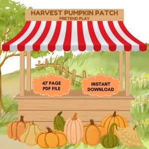 Puede incluir: Un juego digital Harvest Pumpkin Patch. La imagen muestra un puesto de madera con un toldo a rayas rojas y blancas. El puesto tiene dos burbujas de diálogo naranjas con el texto "47 PAGE PDF FILE" e "INSTANT DOWNLOAD". Varias calabazas se exhiben frente al puesto.