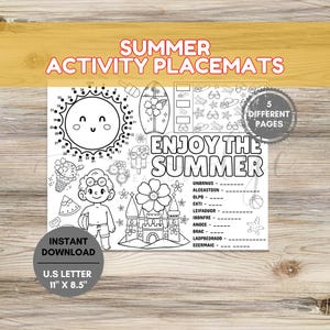 May include: Black and white summer activity placemats with the text "Summer Activity Placemats" and "Enjoy the Summer". Includes a sun, ice cream, a boy, a castle, and other summer-themed illustrations. The placemat is U.S. Letter size, 11" x 8.5".