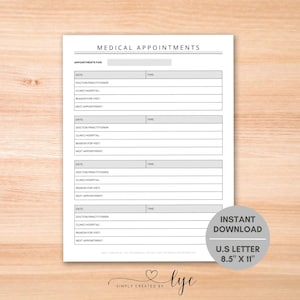 May include: Printable medical appointment tracker with four sections for date, doctor/practitioner, clinic/hospital, reason for visit, and next appointment. The tracker is designed for US Letter size paper, 8.5 inches by 11 inches.