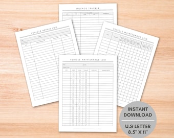 Vehicle Maintenance Log, Vehicle Service Record, Mileage Tracker