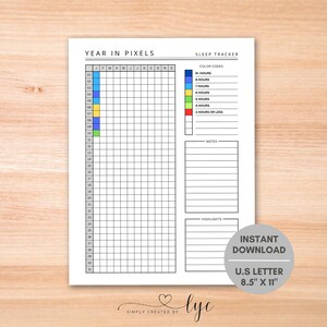 Puede incluir: Seguimiento del sueño imprimible con una cuadrícula de año en píxeles. La cuadrícula está dividida en 31 días y 12 meses. Los códigos de color para las horas de sueño son: 9+ horas (azul), 8 horas (azul claro), 7 horas (amarillo), 6 horas (verde claro), 5 horas (verde), 4 horas (naranja), 3 horas o menos (rojo).