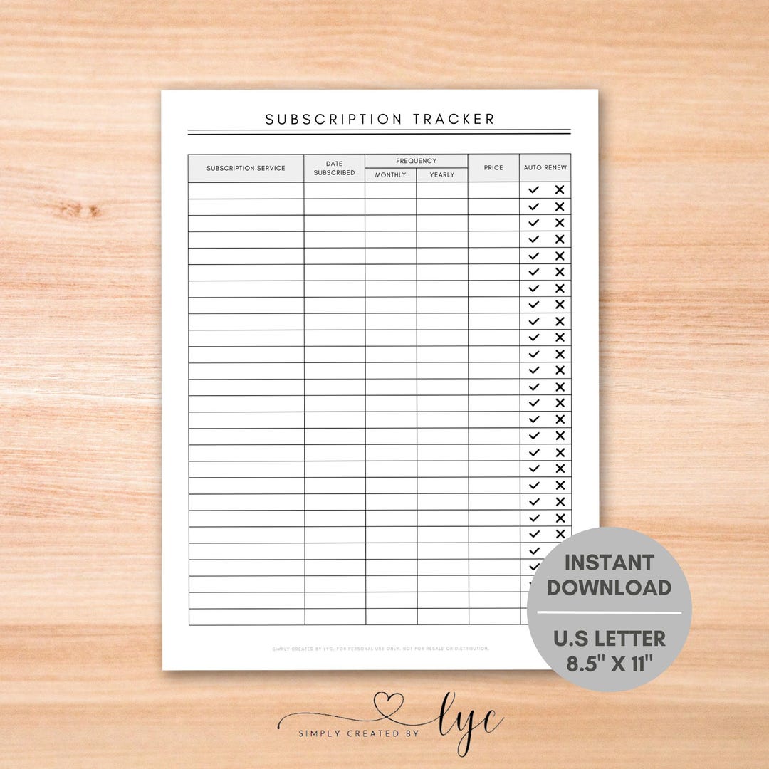 Subscriptions Printable Subscription Tracker Printable, Monthly Subscriptions Log, Budget ...