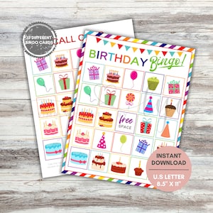 Birthday Themed Bingo Cards, Birthday Party Activity, Birthday Game, Printable Party Games, Kids Birthday Game, Printable Birthday Activity