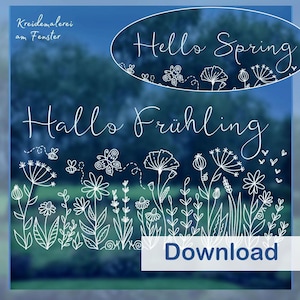 May include: White chalk drawing of a spring scene on a blue background. The drawing includes flowers, butterflies, bees, and the text "Hello Spring" and "Hallo Frühling".