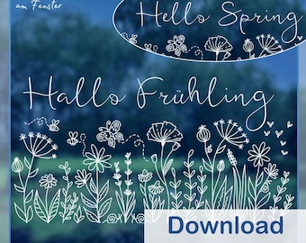 Fensterbild Vorlage für Kreidemarker, Blumenwiese Hallo Frühling/Hello Spring, ausdrucken & nachmalen, 70 cm breit, skalierbar, Pdf-Datei