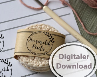 Kosmetikpads-Banderole  für selbst gehäkelte oder genähte Kosmetik-Pads / Scrubbies,  pdf Din A4 Datei zum Download und Ausdrucken