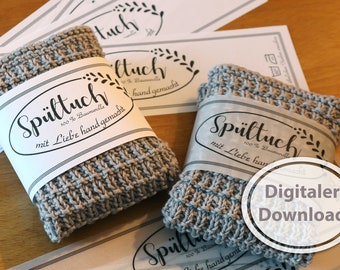 Dishcloth banderole for self-knitted or crocheted dishcloths, gift packaging, pdf Din A4 file, washing label 40 and 60 degrees