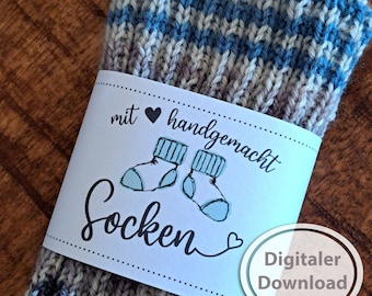 Socken-Banderole für selbst gestrickte Socken, Geschenkverpackung für Socken zum Ausdrucken, Materialangabe variabel einzutragen, türkis