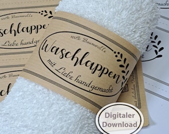 Tvättlappsband för handstickade eller sydda tvättlappar, presentförpackning, PDF A4-fil för nedladdning och utskrift.