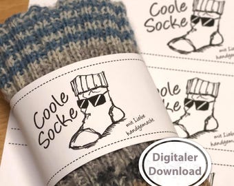 Socken-Banderole für selbst gestrickte Socken, witzige Geschenkverpackung für Socken zum ausdrucken, Materialangabe einzutragen, coole Socke