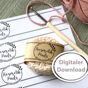 Kosmetikpads-Banderole  für selbst gehäkelte oder genähte Kosmetik-Pads / Scrubbies,  pdf Din A4 Datei zum Download und Ausdrucken
