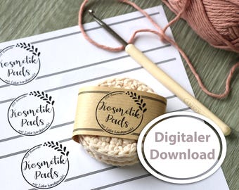 Kosmetikpads-Banderole  für selbst gehäkelte oder genähte Kosmetik-Pads / Scrubbies,  pdf Din A4 Datei zum Download und Ausdrucken