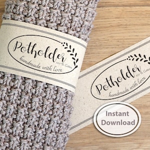 Potholder Wrap Label (english) for handmade potholder. Gift wrapping for self-knitted potholder, download and print, PDF letter and DinA4