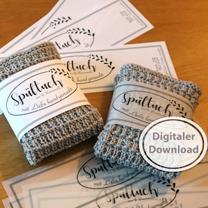 Elastiekje voor handgebreide of gehaakte vaatdoeken, cadeauverpakking, PDF DIN A4-bestand, waslabel voor 40 en 60 graden.