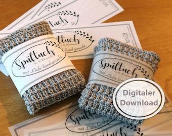 Dishcloth band for hand-knitted or crocheted dishcloths, gift packaging, PDF DIN A4 file, washing label for 40 and 60 degrees