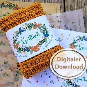 Christmas-themed dishcloth band for hand-knitted or crocheted dishcloths, downloadable PDF file, washing label for 40 and 60 degrees.