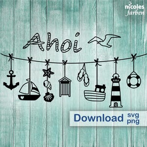 Könnte beinhalten: Schwarz-weißes nautisches SVG- und PNG-Digital-Download. Das Design zeigt das Wort "Ahoi" mit verschiedenen hängenden nautischen Elementen, darunter ein Anker, ein Segelboot, ein Seestern, eine Muschel, eine Strandhütte, Flip-Flops, ein Boot, ein Leuchtturm und eine Rettungsboje.