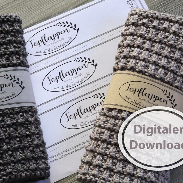 Topflappen-Banderole zum Download und Ausdrucken für selbst gestrickte oder gehäkelte Topflappen , pdf Din A4 Datei