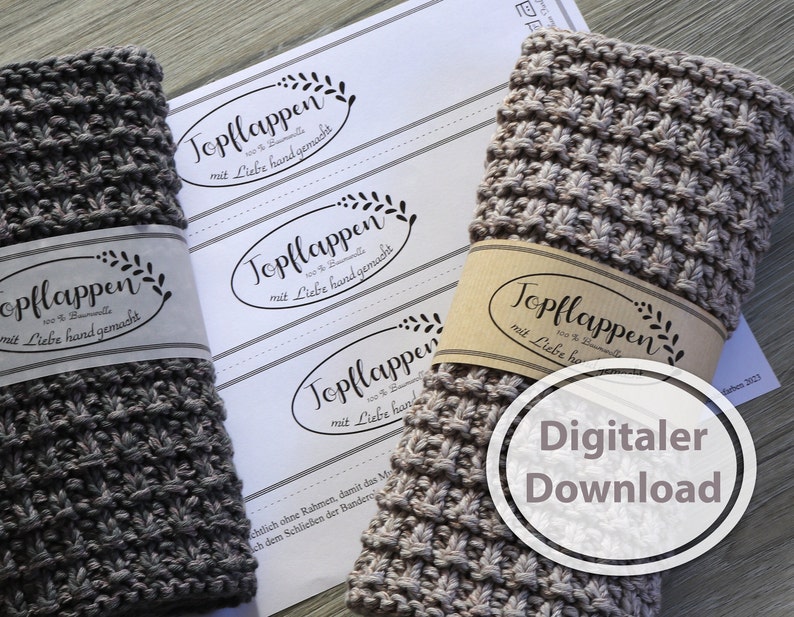 Topflappen-Banderole zum Download und Ausdrucken für selbst gestrickte oder gehäkelte Topflappen , pdf Din A4 Datei Bild 1