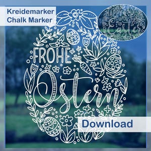 Puede incluir: Diseño de marcador de tiza blanco de un círculo con las palabras "Frohe Ostern" en una fuente decorativa. El círculo está lleno de ilustraciones con temática de Pascua, incluidos huevos, flores, zanahorias y hojas.