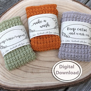 Dishcloth banderole with 3 funny sayings for self-knitted or crocheted dishcloths, printable pdf in letter an DinA4