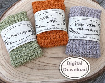Dishcloth banderole with 3 funny sayings for self-knitted or crocheted dishcloths, printable pdf in letter an DinA4