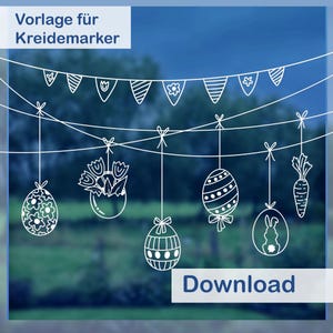 May include: White outline drawing of Easter decorations hanging from a string. The decorations include eggs, a bunny, a carrot, and a flower pot with flowers. The text "Download" is at the bottom of the image.