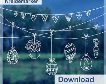 チョークマーカー用窓飾りテンプレート、イースターエッグガーランド、春、イースター、印刷＆カラー、幅60 cm、スケーラブル、PDFファイル