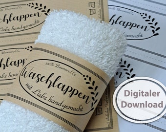 Washcloth banderole to download and print for self-knitted or sewn washcloths, PDF DIN A4 file