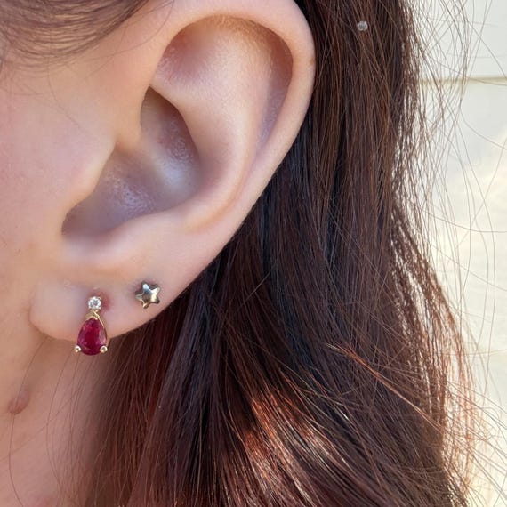 14k Yellow Gold Diamond Ruby Studs - image 6