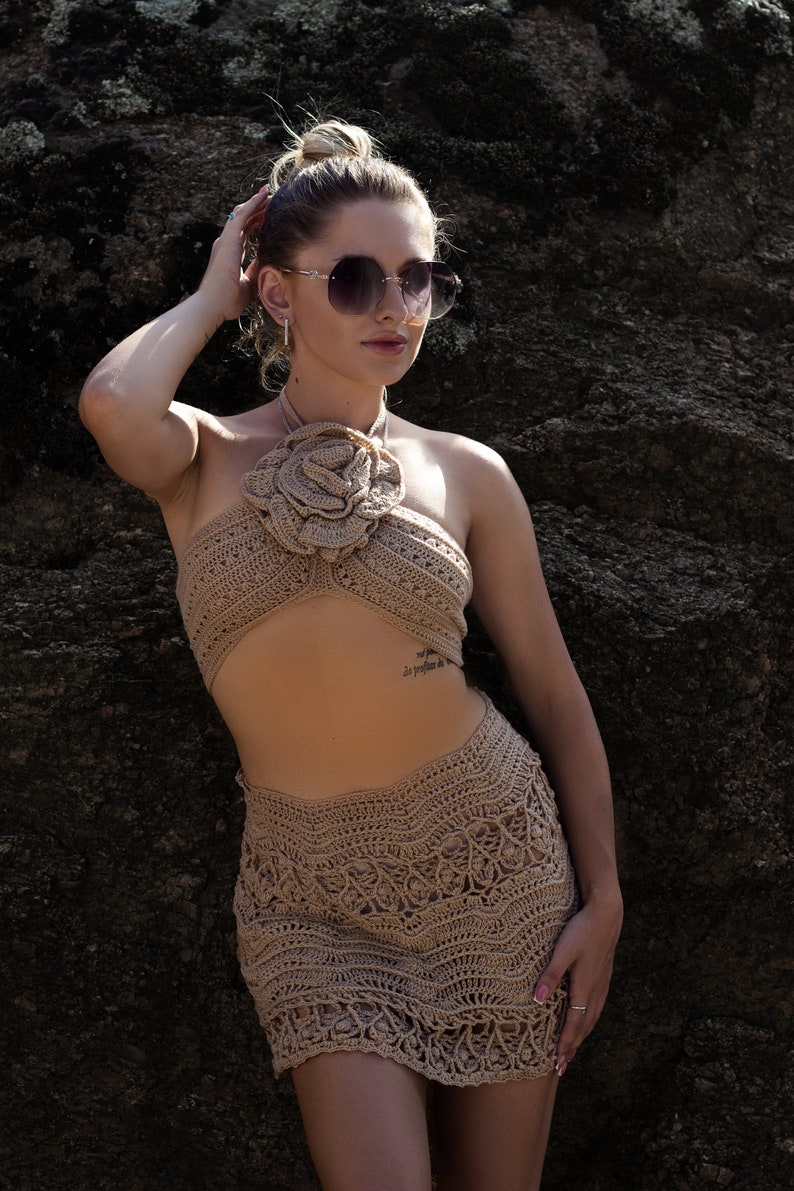 Crochet suit.Handmade crocheted cotton suit. Top with a flower at the back with ties and a short skirt. image 6