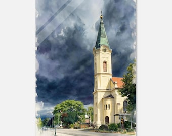 Dramatic European Church Watercolor. Framed, Canvas, Acrylic or Paper Print. Moody Storm Sky Wall Art. Slovak Countryside Architecture