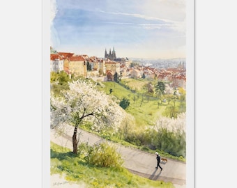 Spring View from Strahov. Prague Castle Panorama Watercolor. Framed, Canvas or Paper Print. Romantic European Landscape Wall Art