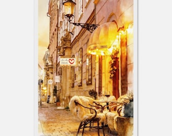 Cozy European Cafe Wall Art. Framed, Canvas or Premium Matte Paper Print. Romantic Evening Old Town Scene. Warm Light Bistro Decor