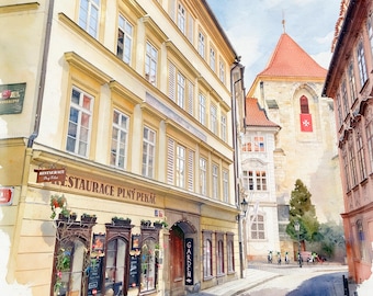 Prague Malá Strana Watercolor Print, Lázeňská Street Wall Art, Czech Republic Travel Poster, Historic European Old Town (Digital Download)