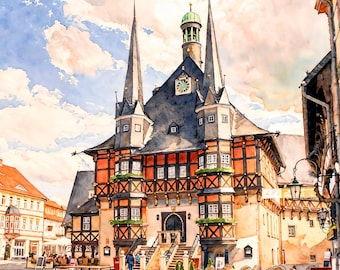 Wernigerode Town Hall Watercolor Printable. German Fairytale Town Wall Art. Medieval Half Timbered Architecture Poster (Digital Download)