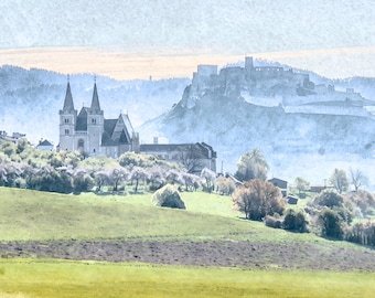 Spring Landscape with Spiš Castle Watercolor. Slovak Countryside Print. Medieval Castle Painting. European Travel Décor (Digital Download)