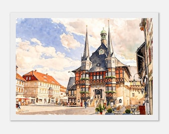 Wernigerode Town Hall Watercolor. Framed, Canvas or Paper Print. German Fairytale Town Wall Art. Medieval Half Timbered Architecture Poster