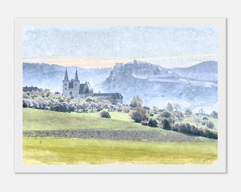 Spring Landscape with Spiš Castle Watercolor. Framed, Canvas, Acrylic or Paper Print. Slovak Countryside Décor, Medieval Castle Painting