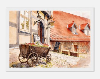 Wernigerode Flower Cart Watercolor. Framed, Canvas or Premium Matte Paper Option. German Village Street Scene. Cozy European Wall Art