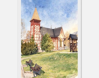 High Tatras Watercolor. Framed, Canvas, Acrylic or Paper Print. Starý Smokovec Church Print. Slovak Mountain Landscape. Tatras Poster