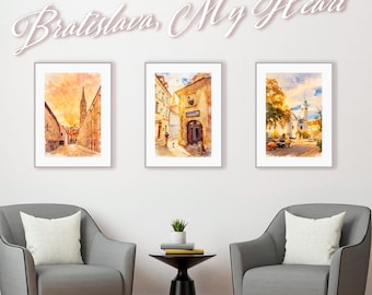 Bratislava Old Town Wall Art Set of 3. Golden Hour Watercolor Prints. Slovakia City Décor. Romantic European Street Art (Digital Download)