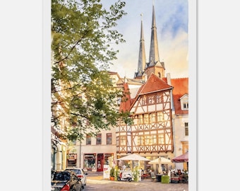 Halle Half Timbered House Watercolor. Framed, Canvas or Paper Print. German Old Town Wall Art. Sunset European Street Café Poster